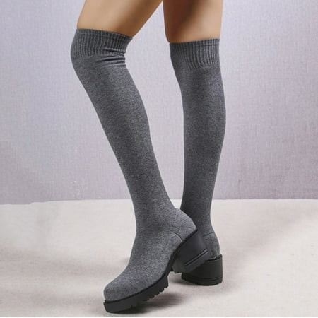

Akiihool Womens Boots Women s Over The Knee Over The Knee Black Low Flat Heel Boots (Grey 7)