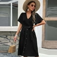 thumbnail image 4 of Bigersell Womens Summer Midi Dress Wrap V-Neck Short Sleeve Casual Loose Button-Down Dress with Belt Pleated A-Line Cocktail Party Swing Sundress Business Dresses, Black S, 4 of 6
