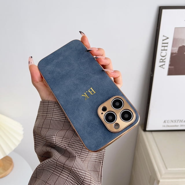 Funda de cuero personalizada con nombre para Iphone, carcasa con marco galvanizado, iniciales de piel de cordero y letras, para modelos 11, 12, 13, 14 Pro Max