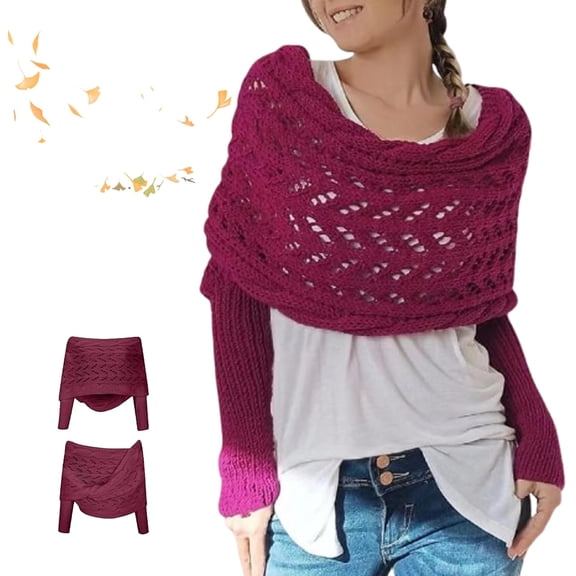 Women's Knitted Double Sleeve Scarf Cozy Knitted Cable Crochet Shawl Wraps, Sweater Scarf with Sleeves for Women