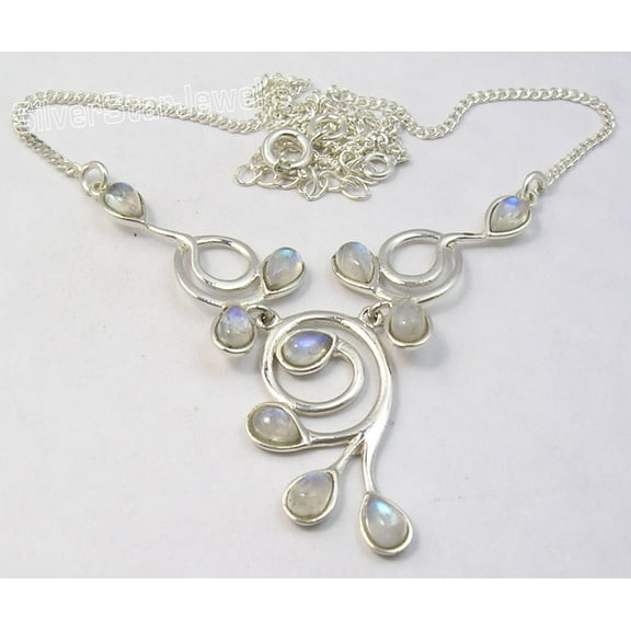 SilverStarJewel 925 Sterling Silver Rainbow Moonstone Gemset Necklace 16.8" 9.6 Grams