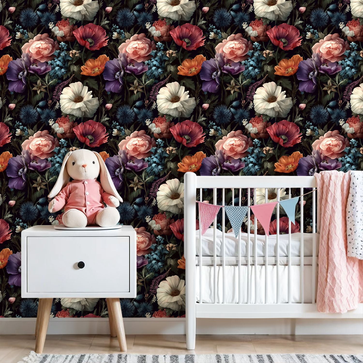 Peel and Stick Wallpaper Floral Botanical Colorful Roses Dark Wall Mural 23.6in x 9.8ft Self Adhesive Removable Wall Paper Renter Friendly Wallpaper for Bedroom