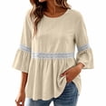 thumbnail image 2 of ClodeEU Women's Round Neck Lace Bell 3/4 Sleeve Tiered Peplum Blouse,Casual Loose Flowy Summer Tunic Top Beige,Women's Plus L, 2 of 8
