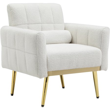 White Modern Accent Chairs for Living Room  Teddy Fabric Arm Chair  Single Sofa Chair Couch  Gold Metal Legs  for Living Room Bedroom Office Leisure (1Pcs  White)