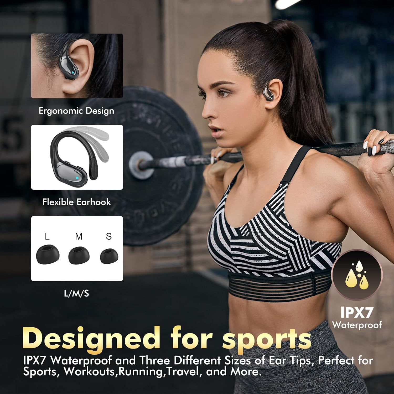 Wireless Earbuds Bluetooth Headphones 80H Playback Ear Buds Power Display with Noise Canceling Mic with Earhooks for Sports/Workout - Black