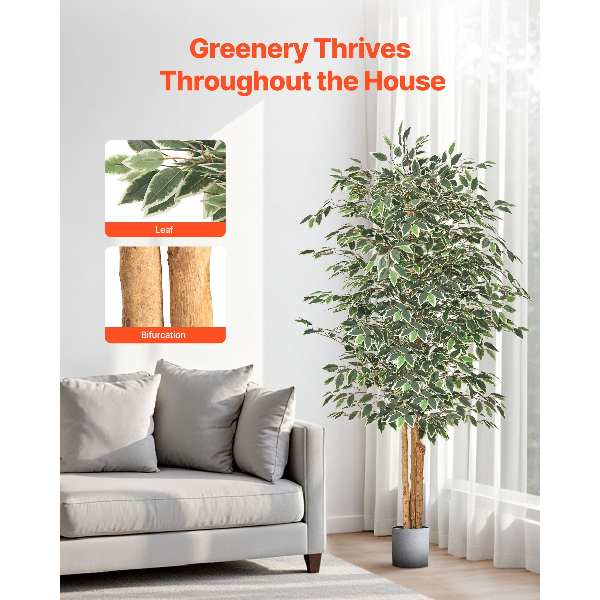 KFFKFF 6FT Artificial Ficus Tree with Black Pot, Tall Faux Plant Featuring Natural Wood Trunk and Lifelike Green Leaves, Ideal for Indoor Home, Office, Living Room, or Corner Decoration