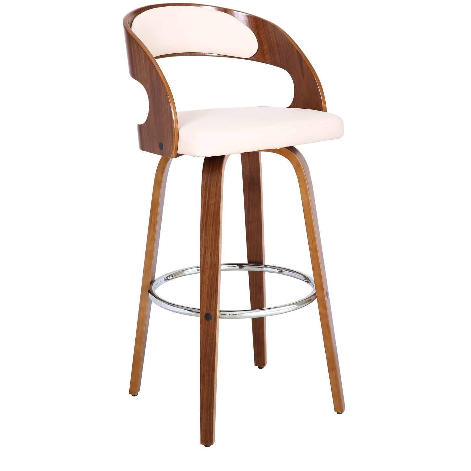 Shelly 30" Bar Height Swivel Cream Faux Leather and Walnut Wood Bar Stool - Set of 4