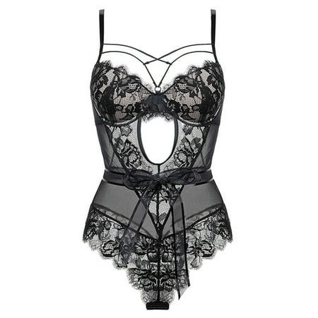 BYHONG French Seductive Bodysuit with Bow Tie Transparent Lace Fitted Lingerie Sculpting Teddy Womens Underwear Black E