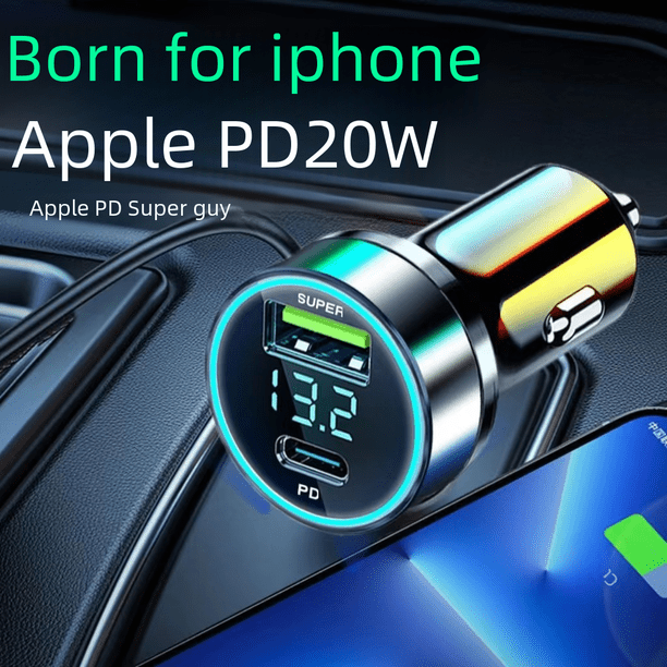 Cargador de coche superrápido con pantalla digital, cargador de coche de 66 W, cargador de coche con anillo de metal y pantalla
