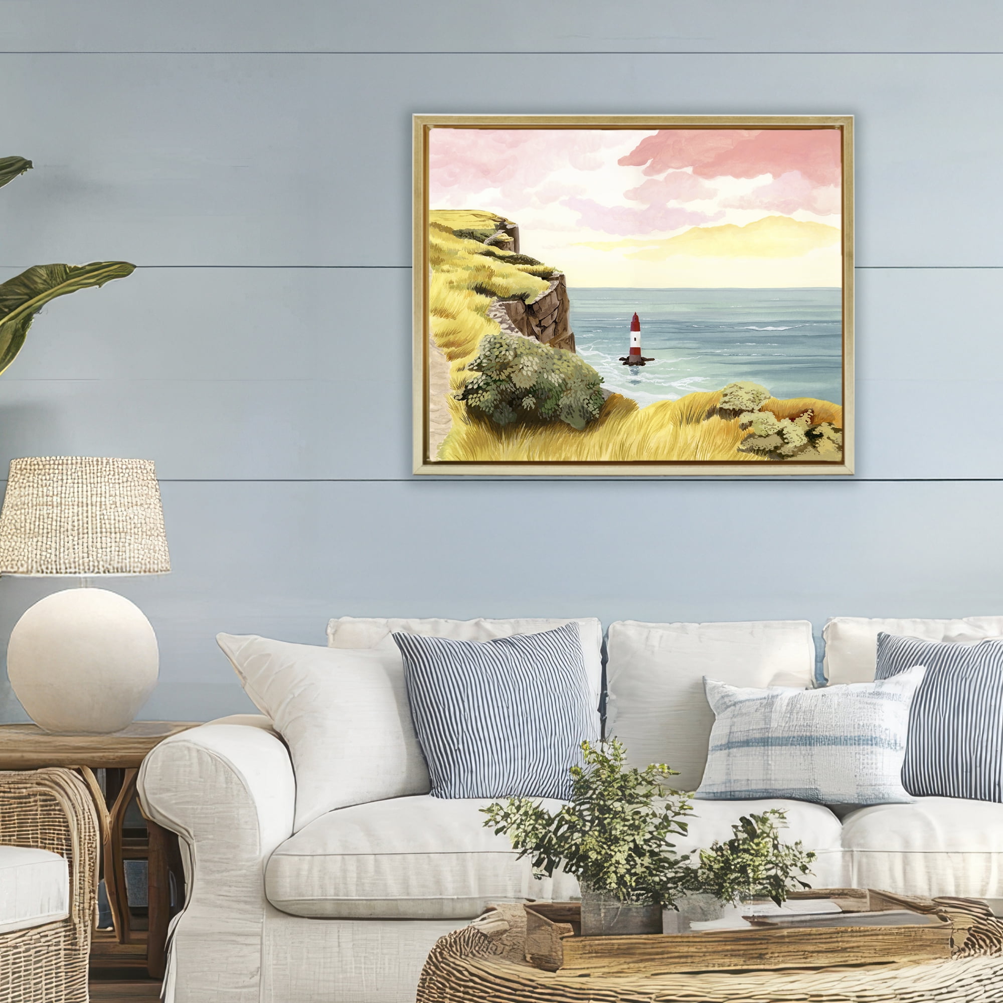 Beachy Head Lone Lighthouse Gold Framed Floater Canvas Wall Art, design by Courtney Haley