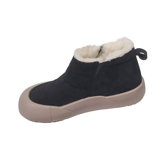 Black Ladies Round Toe Slip On Snow Boots With Flat Sole For Casual Winter Wear