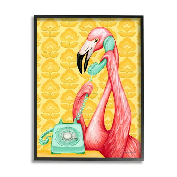 Stupell Industries Flamingo Calling Dial Telephone Groovy Flowers Wallpaper Graphic Art Black Framed Art Print Wall Art, Design by Amelie Legault