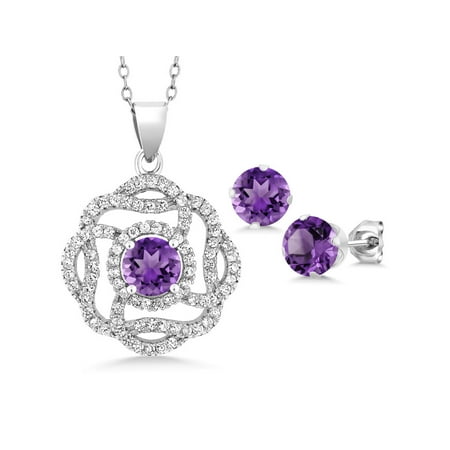 Purple February Gem - Purple Amethyst 925 Sterling Silver Gemstone Pendant Earrings Set 4.16 Ct Round