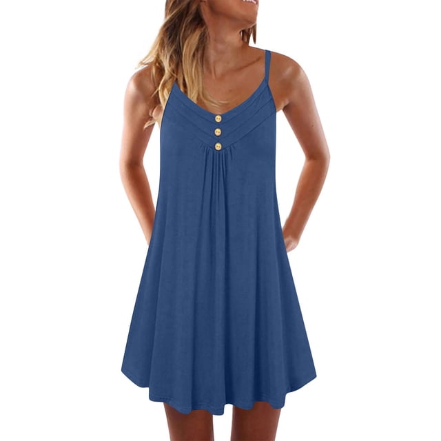 Jusqu'à 30 % de Rabais, Robe pour Femme, Sans Manches à Bretelles Spaghetti, à Double Boutonnage, Style Uni, Occasion Décontractée, Tenue de Tous les Jours, Coupe Confortable Coupe Épurée/polyester, Bleu, Sopatenor
