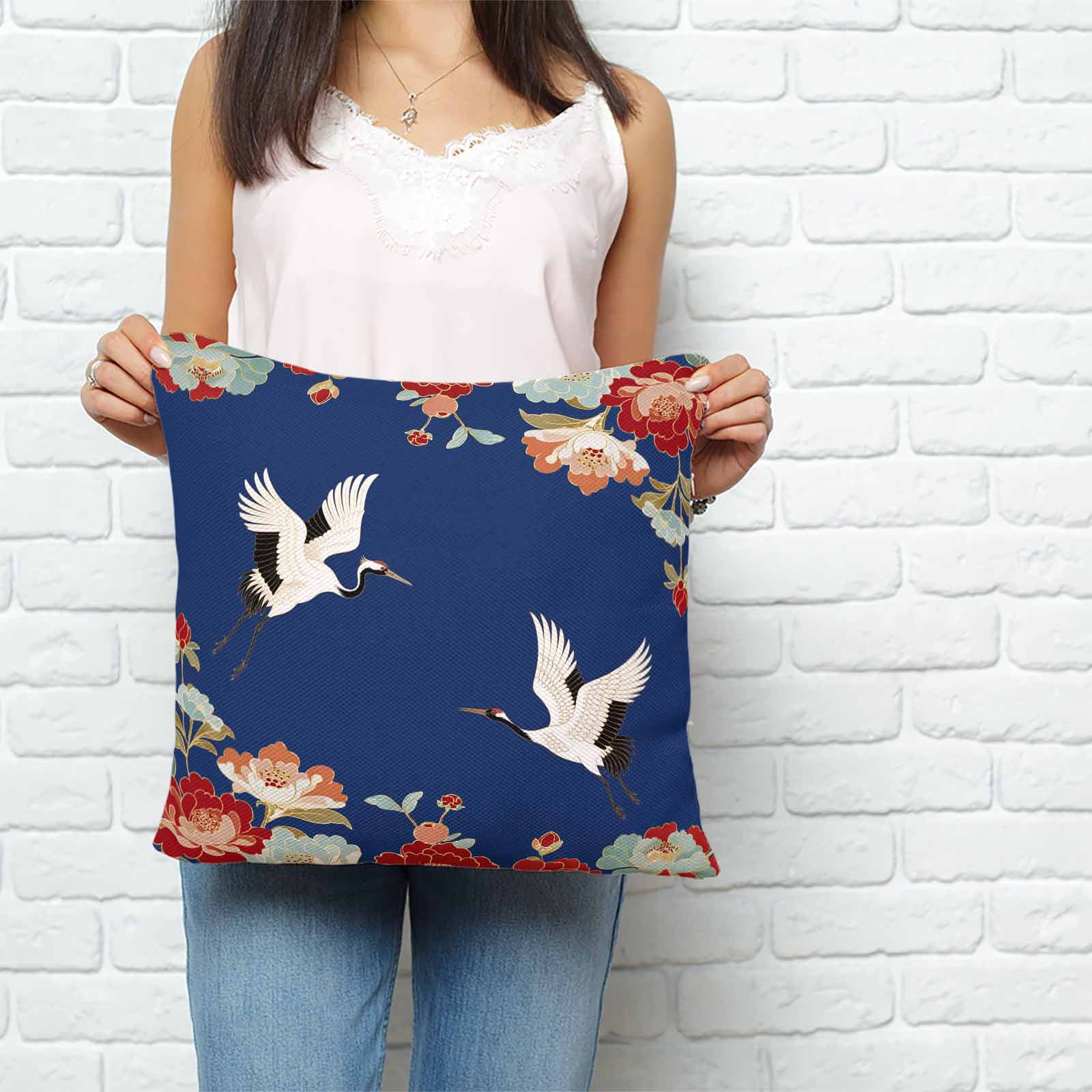 Throw Pillow Covers 24x24 Inch, Blue Crane Decorative Pillow Cases for Couch Sofa Bed, Vintage Red Teal Spring Floral Botanical Cotton Linen Square Home Decor Pillowcases with Hidden Zipper