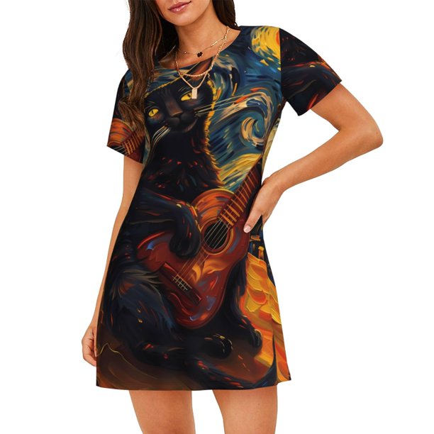 Easygdp Starry Night Cat Guitarist Camisón de manga corta para mujer, informal, estampado