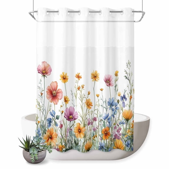 No Hook Shower Curtain with Built-in Rings - Summer Floral Washable Waterproof Fabric Bathroom Curtains for Hotel,Rentals, Stall 48 X 72 Inch , Watercolor Wildflower Rustic Pink Red Yellow