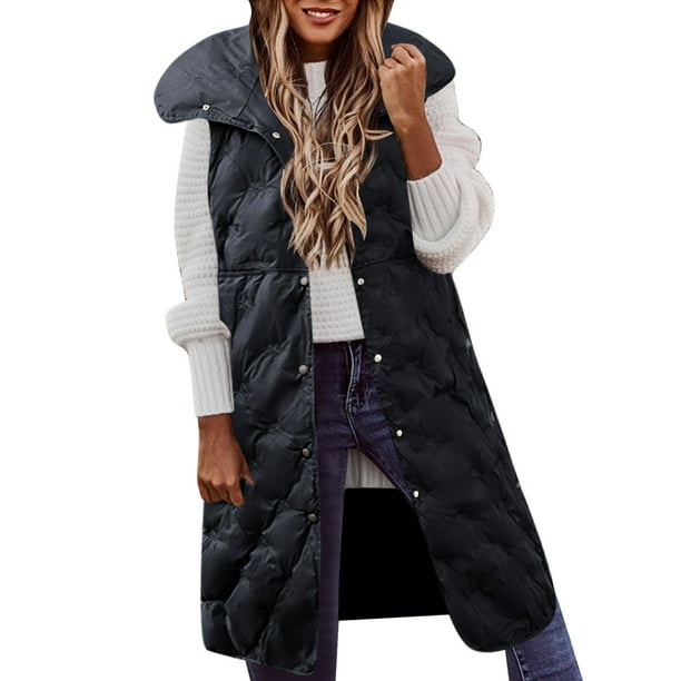 plus Winter Vests Womens Long Down Vest Quilted Down Hooded Vest Suitable For Autumn And Winter