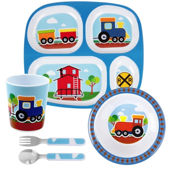 Bentology Train 5-Piece Melamine Dinnerware Set for Kids, Blue Divided Plate, Bowl, Cup, Fork and Spoon, Dishwasher Safe, BPA-Free Self-Feeding Dishes