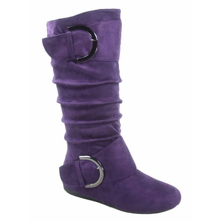 

Top Moda Women s Boots Zipper Big Buckle Slouch Mid Calf Flat Heel Round Toe Faux Suede 8