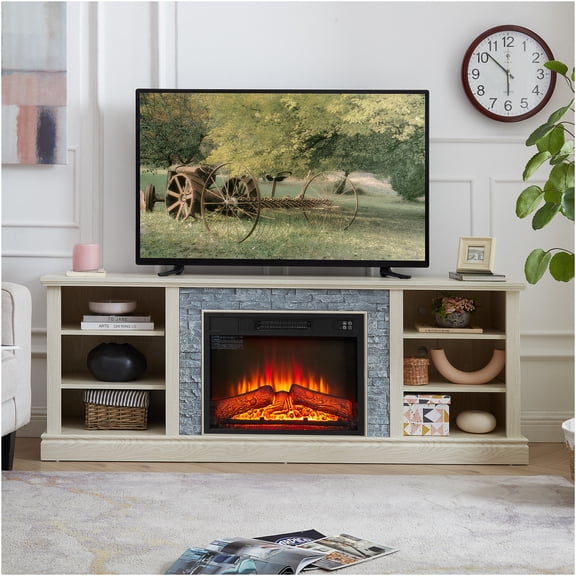 JERFIT 70-inch Modern TV Stand with Electric Fireplace, Faux Stone Media Console with Storage Cabinet, White Entertainment Center for TVs up to 75