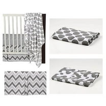 Bacati - Ikat Dots/Damask 4-Piece Crib Bedding Set with 2 Muslin Swadling Blankets, White/Grey