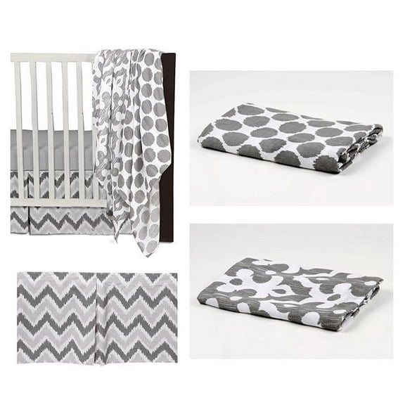 Bacati - Ikat Dots/Damask 4-Piece Crib Bedding Set with 2 Muslin Swadling Blankets, White/Grey
