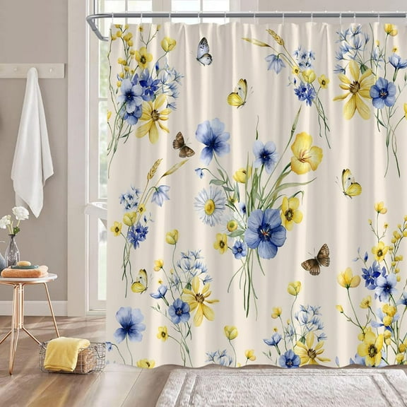 Yellow Blue Floral Shower Curtain Rustic Farmhouse Watercolor Yellow Blue Floral Butterfly Romantic Nature Plant Vintage Bathroom Decor Fabric Curtain with Hooks