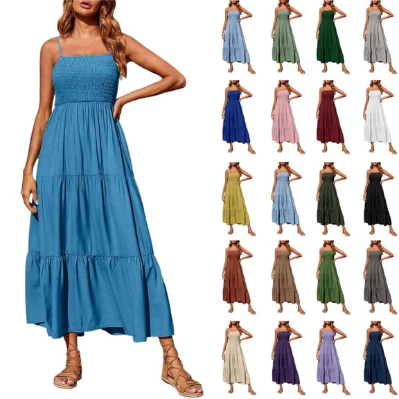 HAJWOH Dresses for Women Summer Dress Bohemian Spaghetti Strap Smocked Tiered Long Beach Sun Dresses Sleeveless Maxi Dress