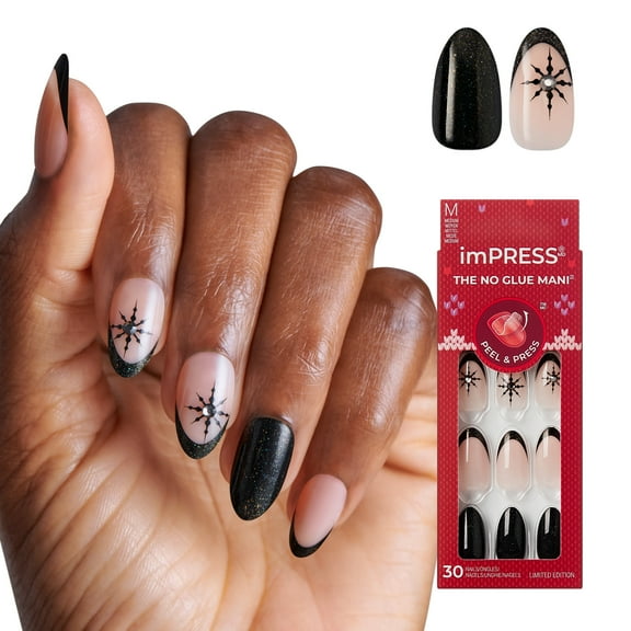 KISS imPRESS Holiday Press On Nails Almond, ‘My Only Wish’, Black, Medium, 30 Count
