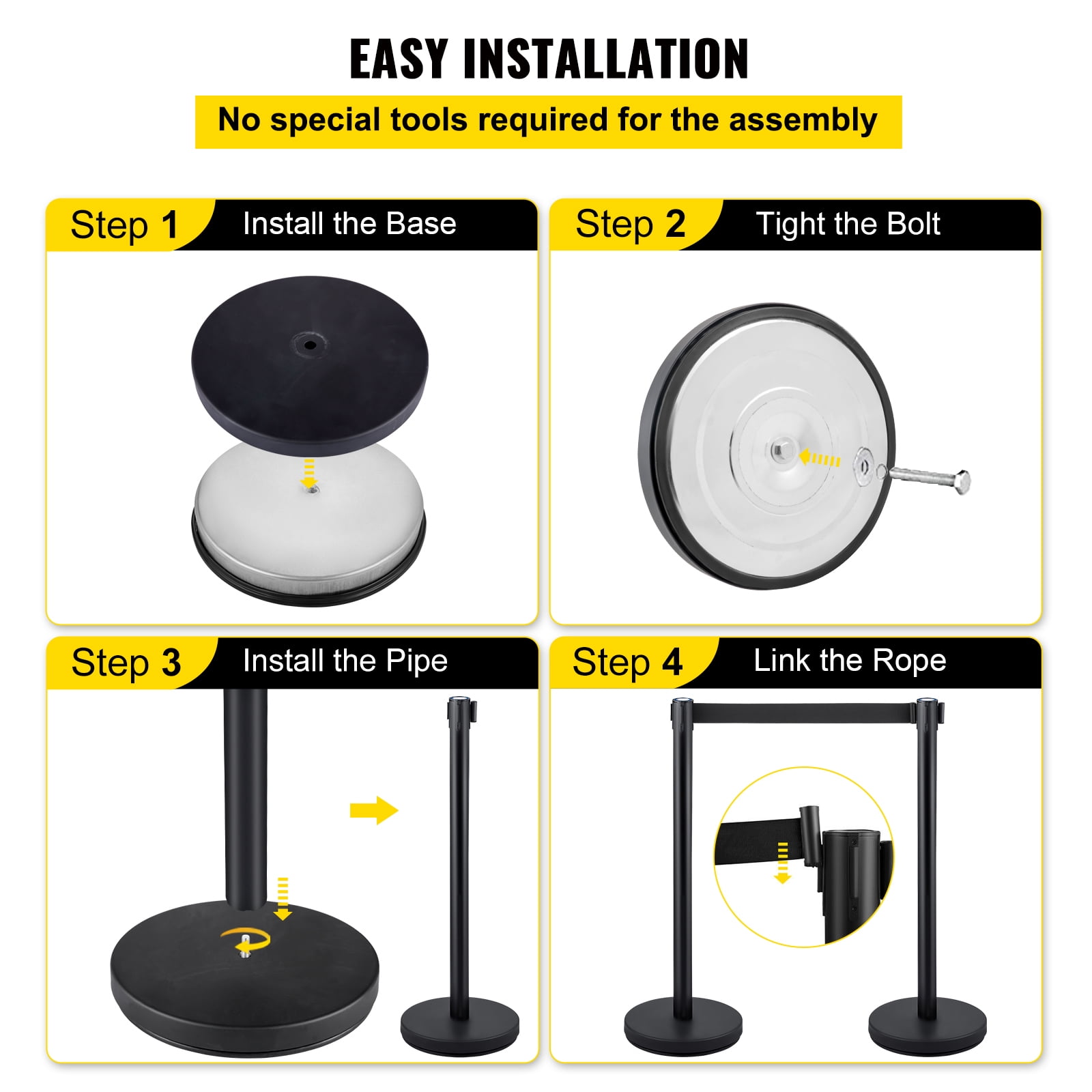KFFKFF Queue Management Posts, 4 Units in a Set, Complete with 6.6 ft/2 m Retractable Black Belt, Black Public Management Barrier with Concrete and Metal Foundation - Simple Connection Setup