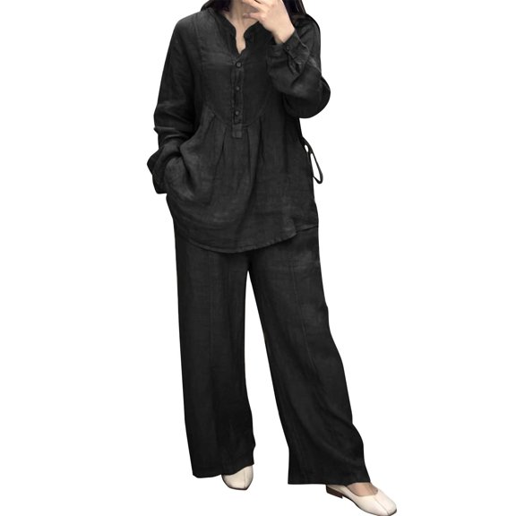 NMMUED Linen 2 Piece Set for Women's Linen 2 Piece Set Casual Button Front Tunic Top and Wide Leg Pants Lounge Outfit Relaxed Lounge Sets Women Black L