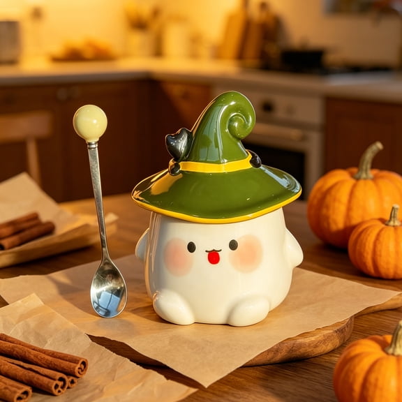 Cute Ghost Ceramic Coffee Mug with Witch Hat Lid - Spooky Halloween Cup for Tea,Milk,Cereal - Unique Decorative Mug for Home & Office,Best Gifts for Families and Friends (Green)