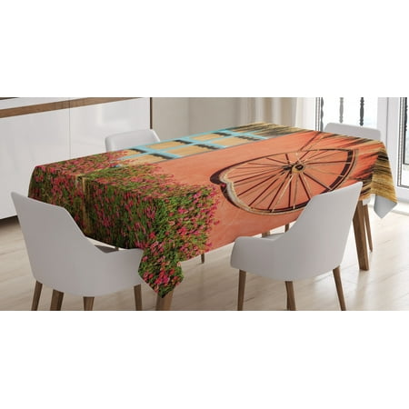 Wood Blocks And Wagon Barn Wood Wagon Wheel Tablecloth, Country House in Ecuador Red Wall Window Summer Flowers Straw Roof, Rectangular Table Cover for Dining Room Kitchen, 52 X 70 Inches, Multicolor, by Ambesonne ()