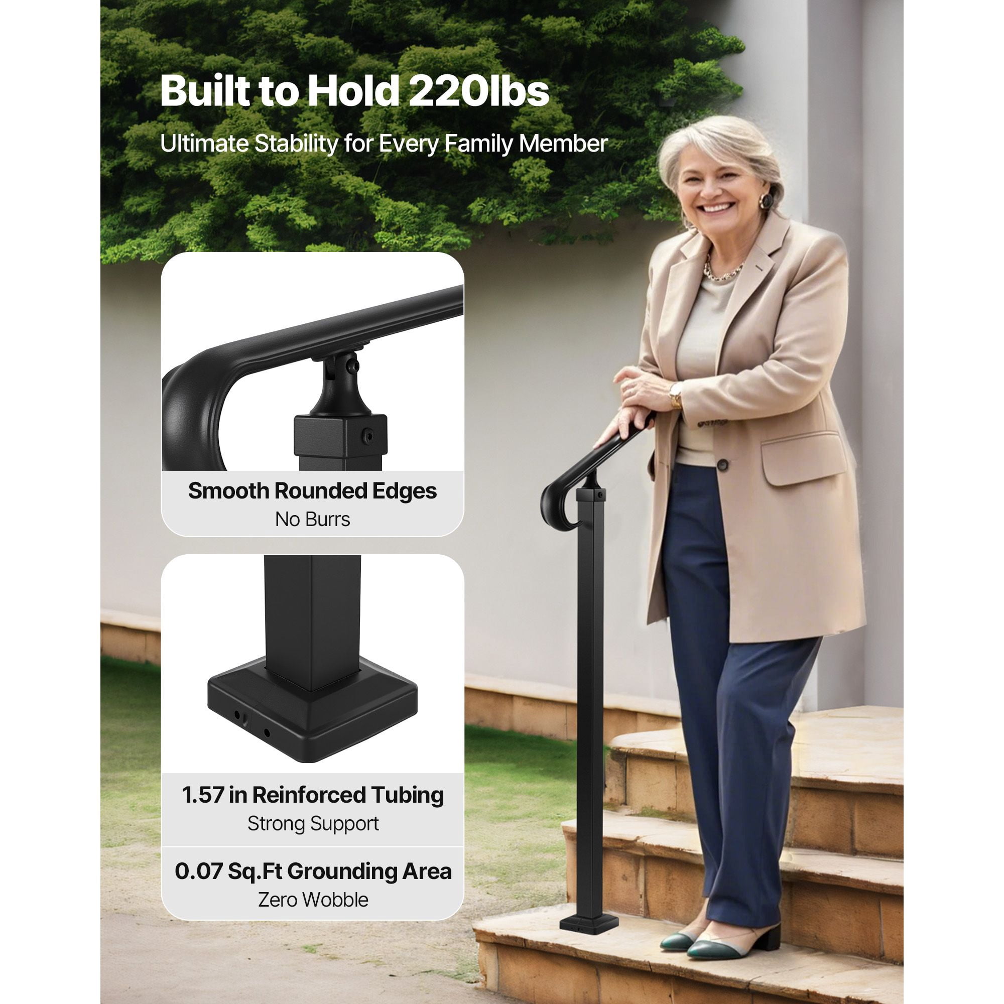 Handrails for Outdoor Steps, 2-3 Step Adjustable Height, Carbon Steel Transitional Handrail with Installation Kit, Exterior Hand Railing for Steps, Concrete or Wooden Stairs, Porch, Matte Black