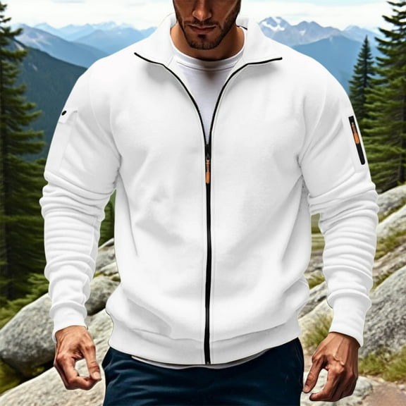 PiGOGI Full Zip Sweatshirts for Men Fall Long Sleeve Tactical Jackets Streetwear Outdoor Gym Sports Athletic Sweatshirt White XL
