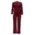 thumbnail image 4 of lulshou Jumpsuits for Women, Women'S Solid Color High-Waisted Long Sleeve V-Neck Off-The-Shoulder Sequin Slim Long Sequin Romper Women's Jumpsuits, Rompers & Overalls, Wine XXXL, 4 of 5