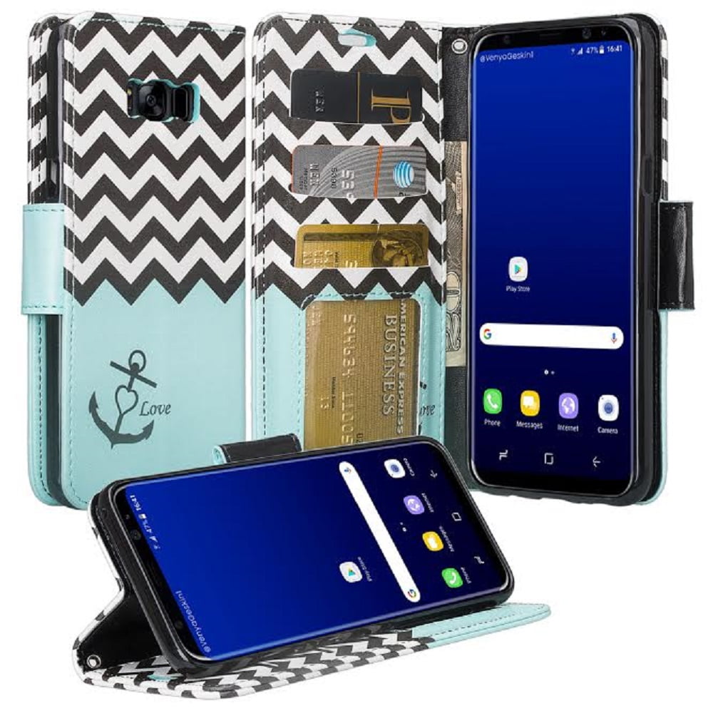Galaxy S8 Plus Case, SOGA [Pocketbook Series] PU Leather Flip Design Wallet Case for Samsung Galaxy S8 Plus - Teal Chevron Anchor Love - Walmart.com