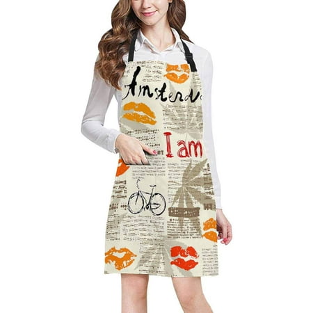

ASHLEIGH Lips Prints and Bicycle Amsterdam on Old Newspaper Chef Kitchen Apron Adjustable Strap Waist Ties Front Pockets Perfect for Cooking Baking Barbequing