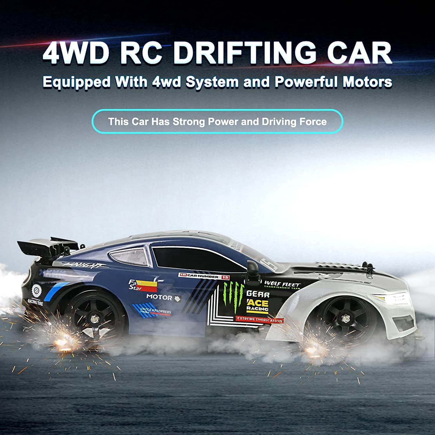 High Speed RC Drift Car for Boys, 2.4GHz 1:16 Scale 4WD 18KM/H Radio Control Cars with LED Lights, Gray