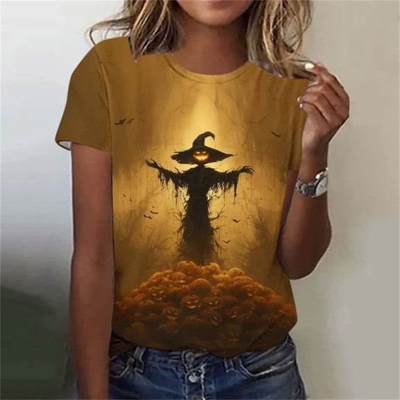 Dolkfu Shirts for Women Halloween Crew Neck Multicolor Short Sleeve T-Shirts Graphic Prints Modern Relaxed Fit Refreshing T-Shirts Multicolor,L
