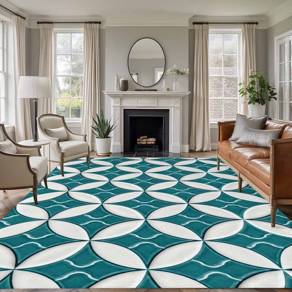 Abstract Geometric Area Rugs 5'x7', Washable Small Throw Rugs for Laundry Room Playroom, Vintage Rhombus Circle Texture Green Indoor Outdoor Rug Non-Slip Low Pile Carpet Runner Reversible Floor Mats