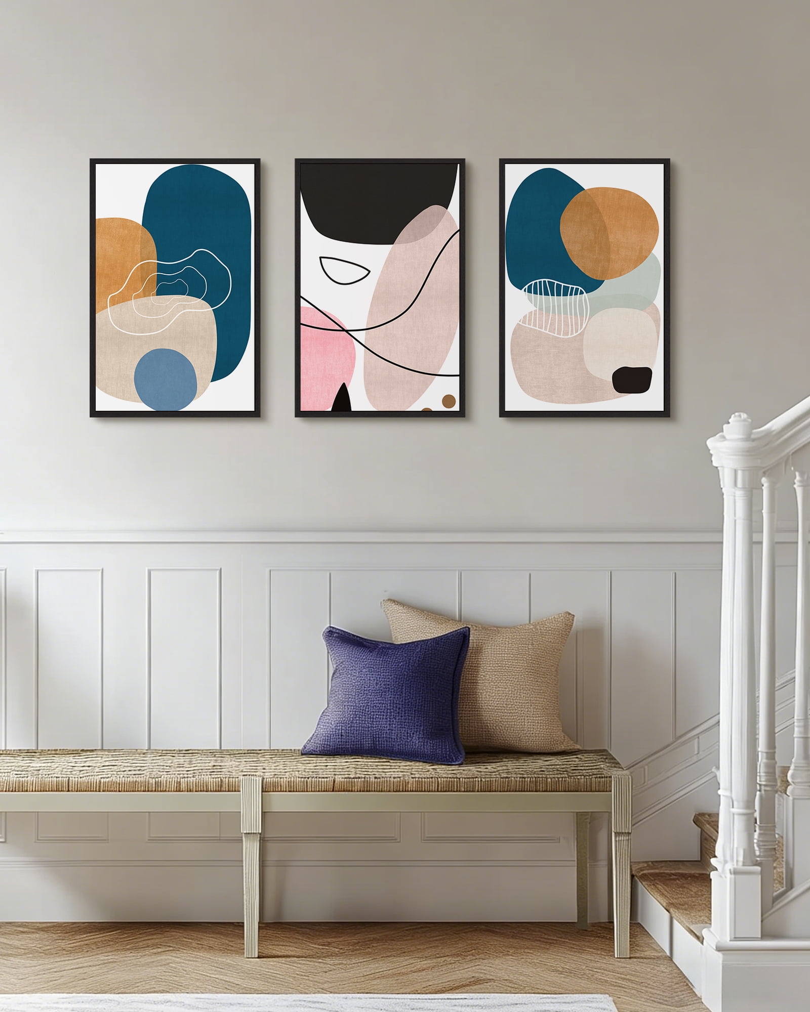 SHENIFY Large 24x36in3pcs Black Framed Modern Abstract Wall Art Color Blocks Artwork Home Decor for Bedroom Dining Room