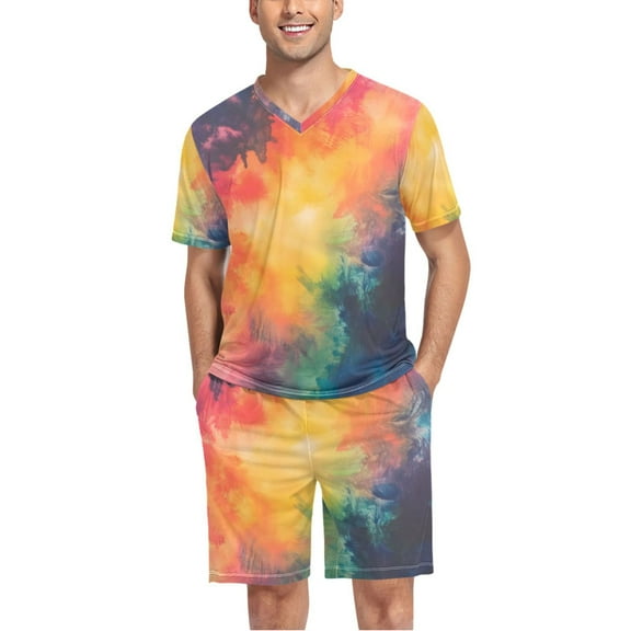 joogoo Men's Pajama Set Tie Dye Print V-Neck Pj Shorts Set 2 Piece Loungewear Sleepwear L