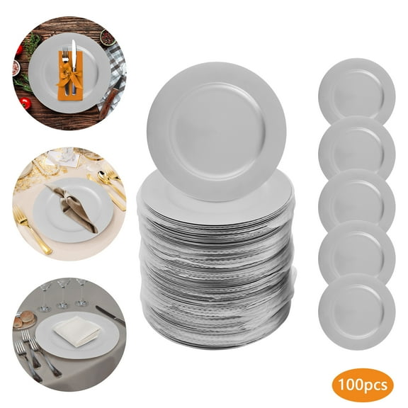 Silver Round Charger Plates PP Material Charger Plate for Weddings Parties 100 Pieces a Set