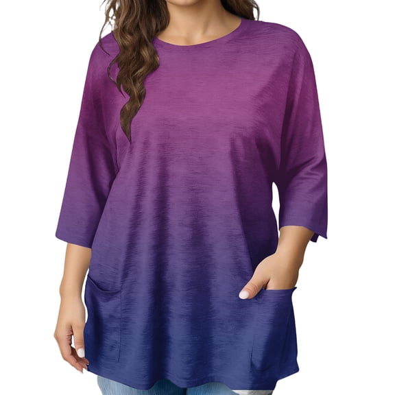 GIPQJK Plus Size Tunic Tops for Women 3/4 Sleeve Round Neck Oversized Fit T Shirts Basic Gradient Tunic Tops Casual Lightweight Blouses with Pockets,Dark Purple XL