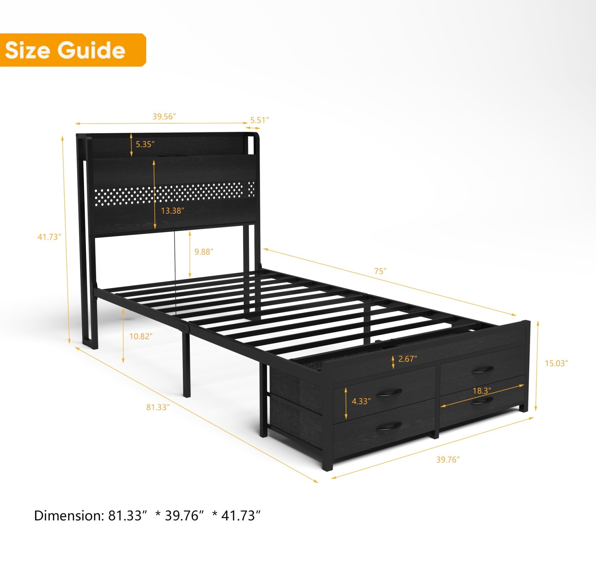 AENKYO Twin Size Bed Frame with 4 Storage Drawers, LED Lights, Charging Station Headboard, Black