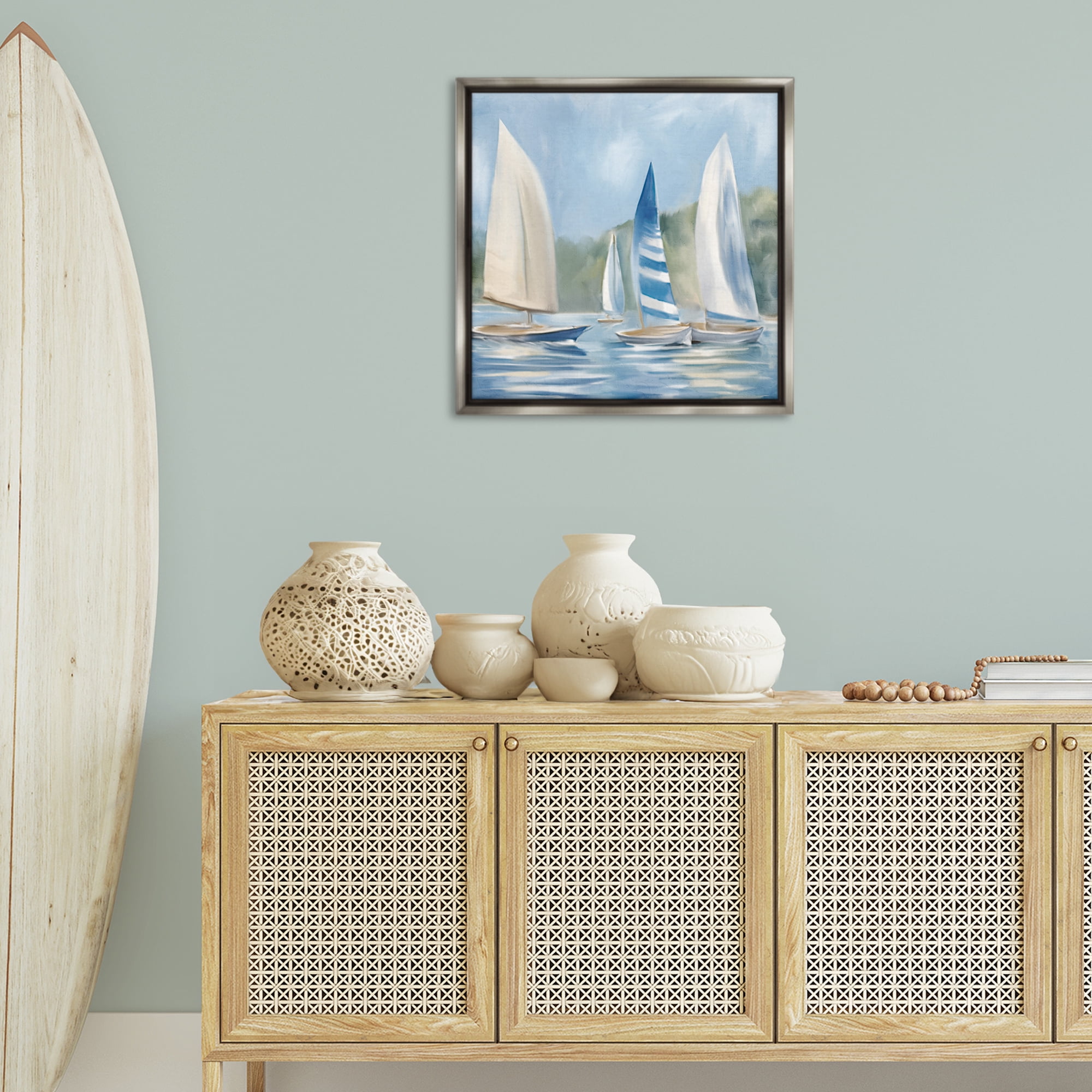 Stupell Industries Sailboat Day Painting Coastal Painting Gray Floater Framed Canvas Art Print Wall Art, 25 x 25