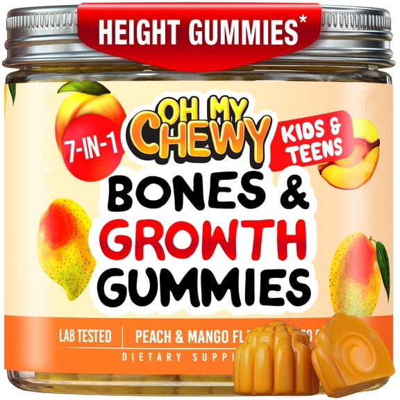 OH MY CHEWY Height Growth Vitamin Gummies for Kids & Teens - Growing Up and Bones Support for Supplement with Calcium, Zinc, Vitamin D3, K2, Spirulina and Astragalus – Peach & Mango 60 CT