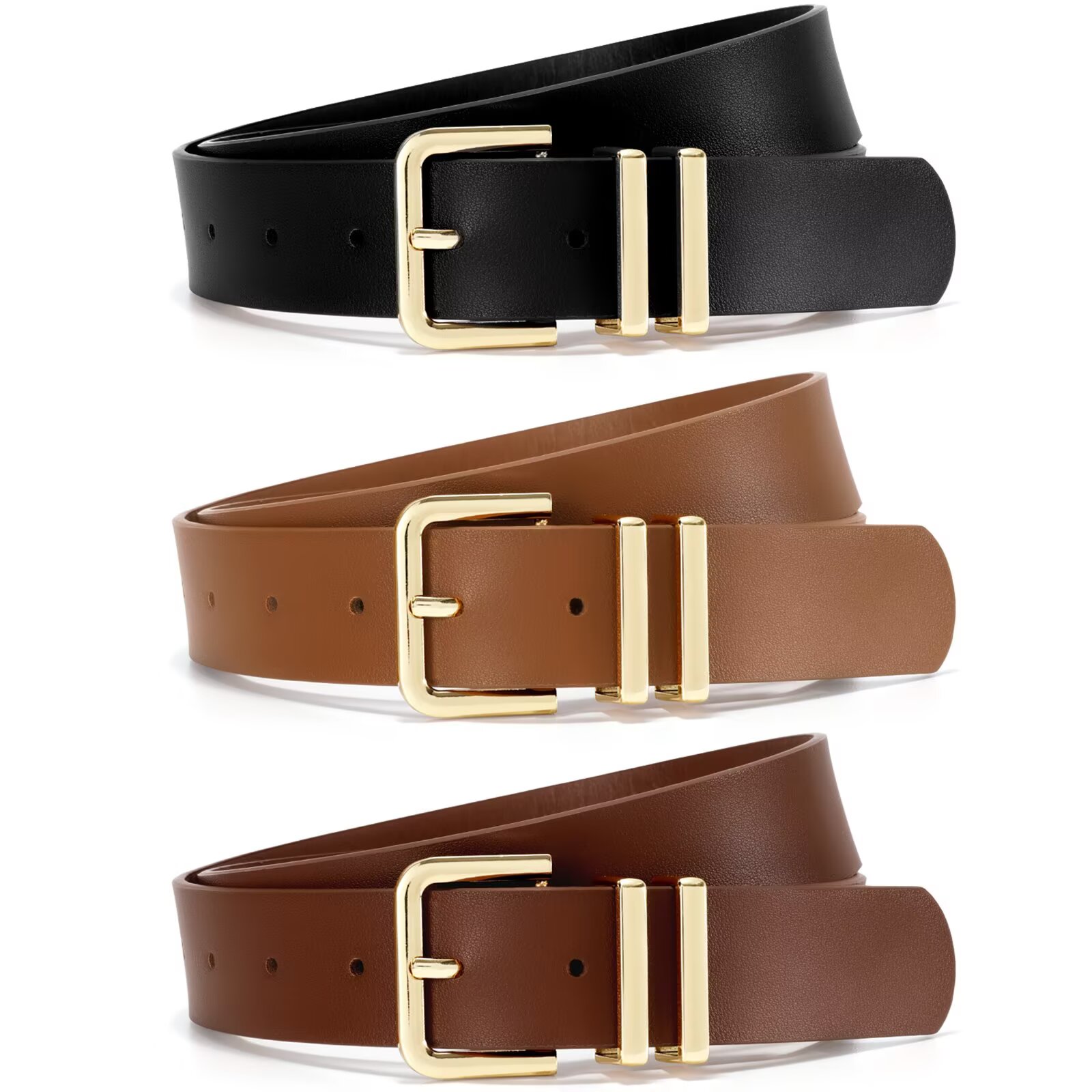 JASGOOD 3 Pack Women Leather Belts with Gold Buckle